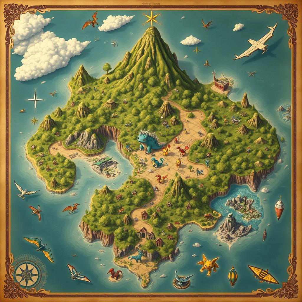 An intricate map of colossal islands, designed in an old-world style with a Pokémon theme, featuring various biomes teeming with different Pokémon species