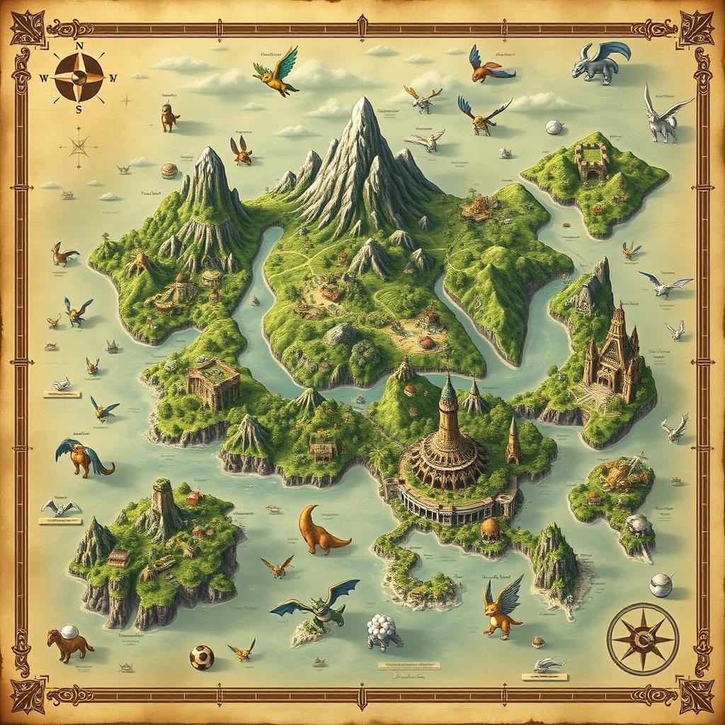 An intricate map of colossal islands, designed in an old-world style with a Pokémon theme, featuring various biomes teeming with different Pokémon species