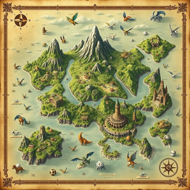 An intricate map of colossal islands, designed in an old-world style with a Pokémon theme, featuring various biomes teeming with different Pokémon species