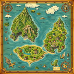 An intricate map of colossal islands, designed in an old-world style with a Pokémon theme, featuring various biomes teeming with different Pokémon species