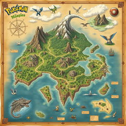 An intricate map of colossal islands, designed in an old-world style with a Pokémon theme, featuring various biomes teeming with different Pokémon species