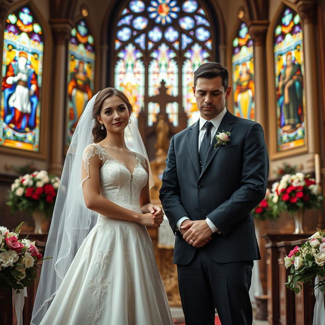 A tense wedding scene featuring a 25-year-old female bride and 25-year-old male groom