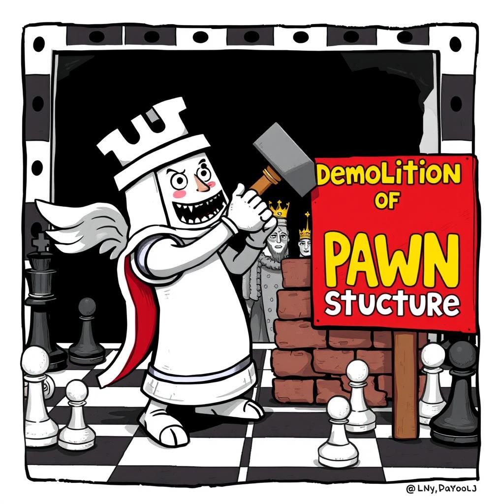 A whimsical scene depicting a humanized rook chess piece, anthropomorphized with arms and a determined expression, wielding a large sledgehammer as it prepares to demolish a brick wall