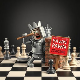 A whimsical scene depicting a humanized rook chess piece, anthropomorphized with arms and a determined expression, wielding a large sledgehammer as it prepares to demolish a brick wall