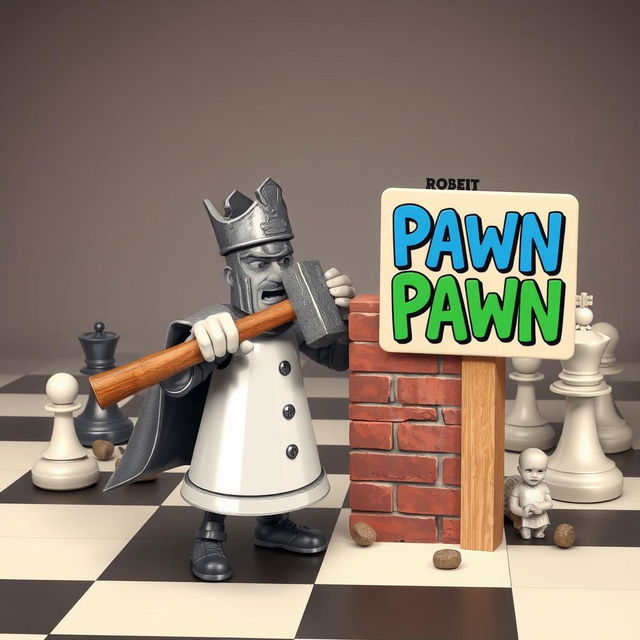 A whimsical scene depicting a humanized rook chess piece, anthropomorphized with arms and a determined expression, wielding a large sledgehammer as it prepares to demolish a brick wall