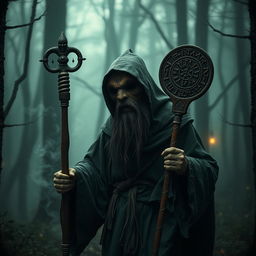 A creepy folk mask monk wandering through misty woods, dressed in tattered robes, holding a staff adorned with ancient symbols