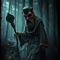 A creepy folk mask monk wandering through misty woods, dressed in tattered robes, holding a staff adorned with ancient symbols