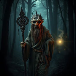 A creepy folk mask monk wandering through misty woods, dressed in tattered robes, holding a staff adorned with ancient symbols