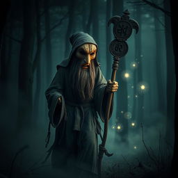 A creepy folk mask monk wandering through misty woods, dressed in tattered robes, holding a staff adorned with ancient symbols