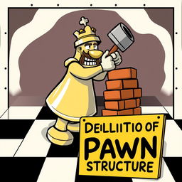 A vibrant and imaginative scene depicting a humanized rook chess piece, with cartoonish features and a strong physique, holding a large sledgehammer as it aggressively demolishes a brick wall