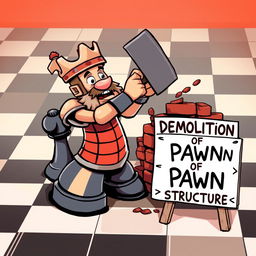 A vibrant and imaginative scene depicting a humanized rook chess piece, with cartoonish features and a strong physique, holding a large sledgehammer as it aggressively demolishes a brick wall