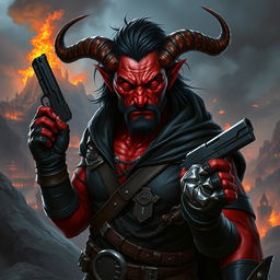 Gumong Steamfire, a 32-year-old tiefling barbarian with radiant red skin and medium-length black hair, depicted in a dramatic fantasy setting