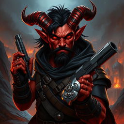 Gumong Steamfire, a 32-year-old tiefling barbarian with radiant red skin and medium-length black hair, depicted in a dramatic fantasy setting