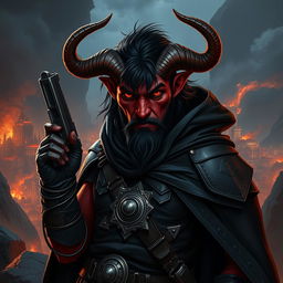 Gumong Steamfire, a 32-year-old tiefling barbarian with radiant red skin and medium-length black hair, depicted in a dramatic fantasy setting