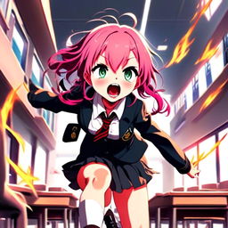 Anime profile picture of a young girl in school uniform throwing a tantrum. Her eyes are ablaze with anger, mouth wide open in a shout. Her pink hair is disheveled and sticking out in all directions.