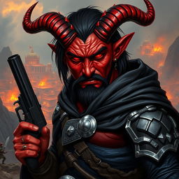 Gumong Steamfire, a 32-year-old tiefling barbarian with radiant red skin and medium-length black hair, depicted in a dramatic fantasy setting