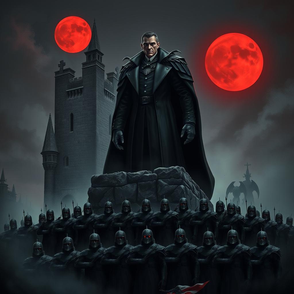 A powerful fascist vampire overlord, draped in dark, regal attire, stands commanding at the edge of a crumbling stone tower