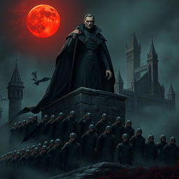 A powerful fascist vampire overlord, draped in dark, regal attire, stands commanding at the edge of a crumbling stone tower