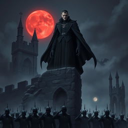 A powerful fascist vampire overlord, draped in dark, regal attire, stands commanding at the edge of a crumbling stone tower