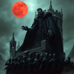 A powerful fascist vampire overlord, draped in dark, regal attire, stands commanding at the edge of a crumbling stone tower