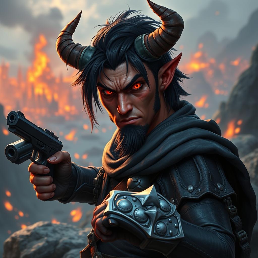 Gumong Steamfire, a 32-year-old young adult tiefling barbarian, depicted in a stunning fantasy setting