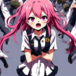 Anime profile picture of a young girl in school uniform throwing a tantrum. Her eyes are ablaze with anger, mouth wide open in a shout. Her pink hair is disheveled and sticking out in all directions.