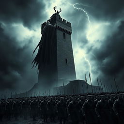 A shadowy, menacing scene featuring a Fascist Nosferatu overlord, with pointed ears, sharp teeth, and a long, tattered cape, standing atop a dark, foreboding tower