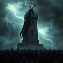 A shadowy, menacing scene featuring a Fascist Nosferatu overlord, with pointed ears, sharp teeth, and a long, tattered cape, standing atop a dark, foreboding tower