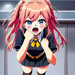 Anime profile picture of a young girl in school uniform throwing a tantrum. Her eyes are ablaze with anger, mouth wide open in a shout. Her pink hair is disheveled and sticking out in all directions.