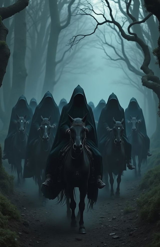 A hyper-realistic live action image of the Nine Ring Wraiths, shrouded in dark, flowing robes with an impenetrable darkness lurking under their hoods, as they ride atop Nine powerful black horses through a shadowy forest