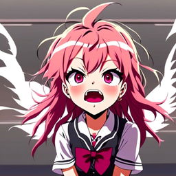 Anime profile picture of a young girl in school uniform throwing a tantrum. Her eyes are ablaze with anger, mouth wide open in a shout. Her pink hair is disheveled and sticking out in all directions.