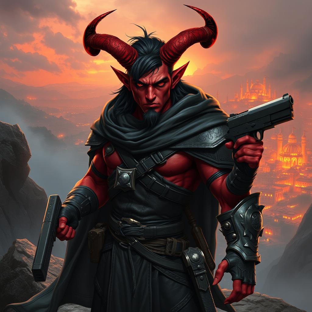 Gumong Steamfire, a 32-year-old young adult tiefling barbarian, portrayed in a stunning fantasy setting