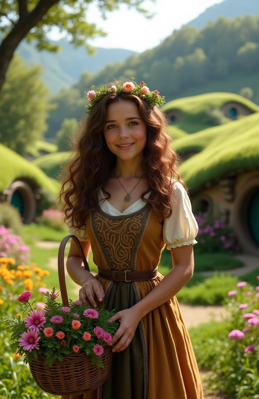 A live action, hyper-realistic depiction of Rosie Cotton from the Lord of the Rings, characteristically standing in a lush, vibrant Hobbiton landscape filled with rolling green hills and colorful gardens