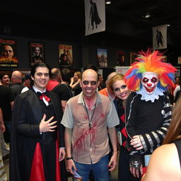 A gathering of various types of horror fans in a dimly lit convention hall, showcasing their unique styles and costumes