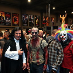 A gathering of various types of horror fans in a dimly lit convention hall, showcasing their unique styles and costumes