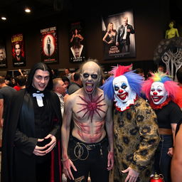 A gathering of various types of horror fans in a dimly lit convention hall, showcasing their unique styles and costumes