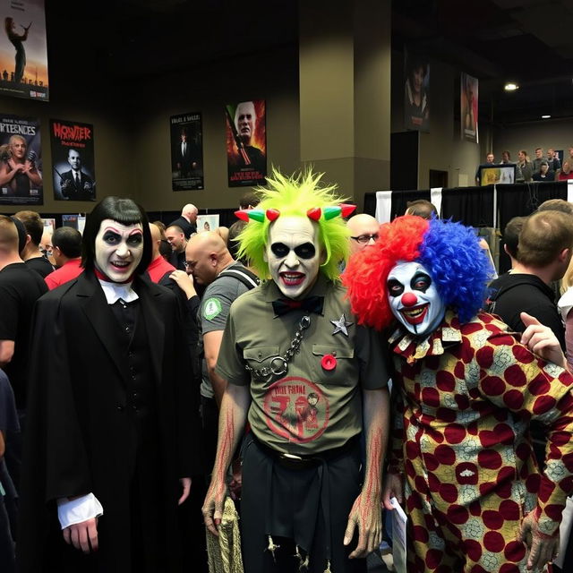 A gathering of various types of horror fans in a dimly lit convention hall, showcasing their unique styles and costumes