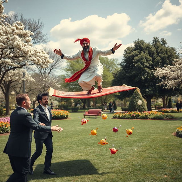 A whimsical scene in a vibrant park where a Muslim man in a traditional turban joyfully soaring on a magic carpet