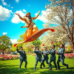 A whimsical scene in a vibrant park where a Muslim man in a traditional turban joyfully soaring on a magic carpet