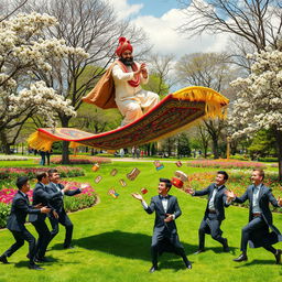 A whimsical scene in a vibrant park where a Muslim man in a traditional turban joyfully soaring on a magic carpet