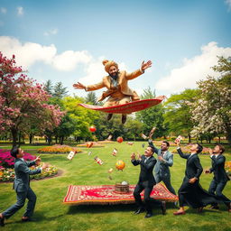 A whimsical scene in a vibrant park where a Muslim man in a traditional turban joyfully soaring on a magic carpet