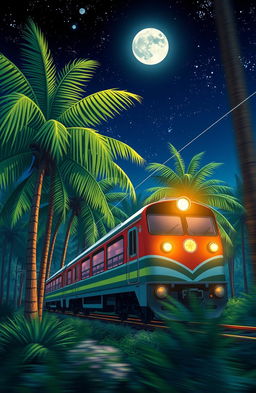 A captivating novel cover featuring a night scene of an Indonesian train traveling through a palm oil plantation