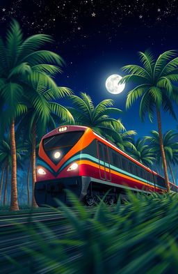 A captivating novel cover featuring a night scene of an Indonesian train traveling through a palm oil plantation