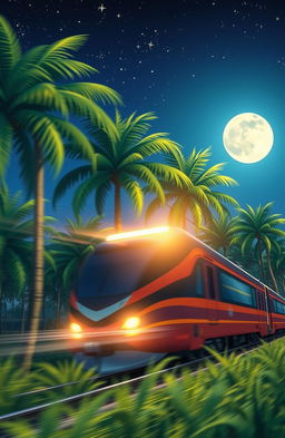 A captivating novel cover featuring a night scene of an Indonesian train traveling through a palm oil plantation