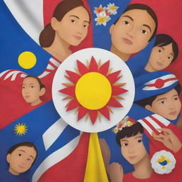 Design a vibrant poster celebrating Filipino values month. It should highlight various aspects of Filipino culture, traditional symbols, family values, and unity. Incorporate the Philippines flag colors and national symbols.