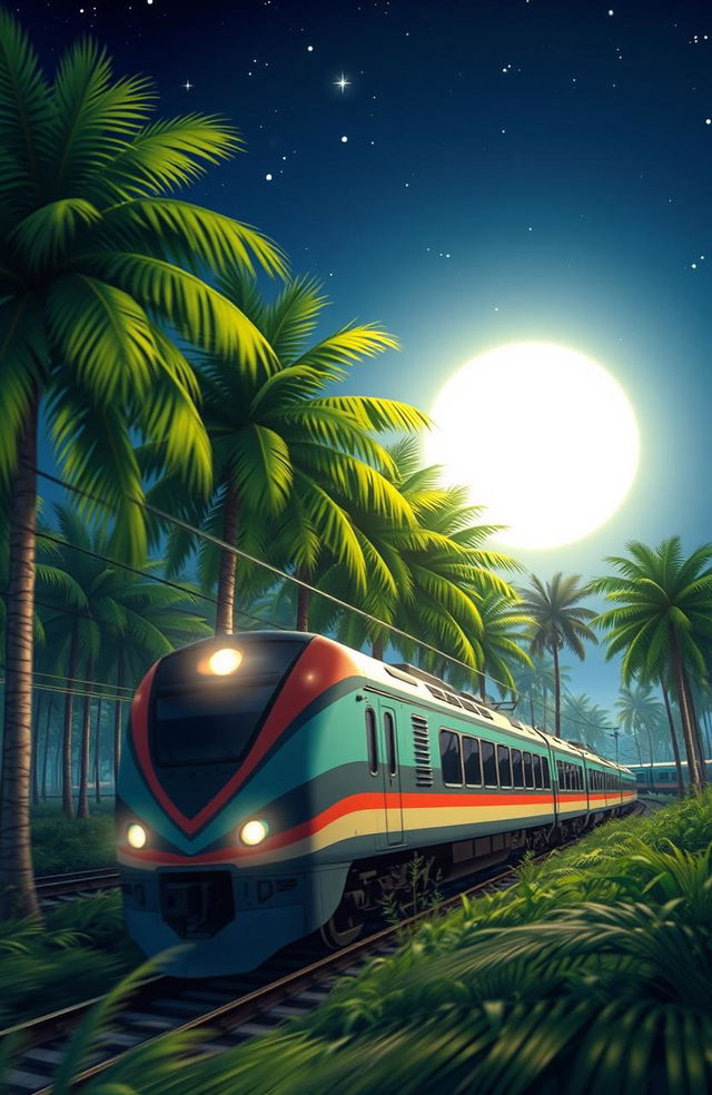 A captivating novel cover featuring a night scene of an Indonesian train traveling through a palm oil plantation