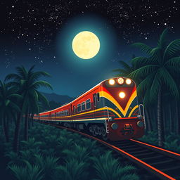 A stunning novel cover featuring an Indonesian train navigating through a palm oil plantation at night