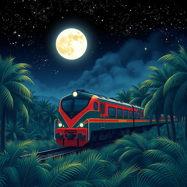 A stunning novel cover featuring an Indonesian train navigating through a palm oil plantation at night