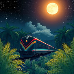 A stunning novel cover featuring an Indonesian train navigating through a palm oil plantation at night