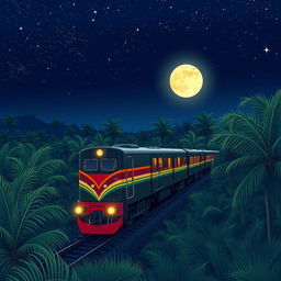 A stunning novel cover featuring an Indonesian train navigating through a palm oil plantation at night